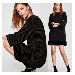 Zara Dress size S striped above knee wide sleeve stretchy faux fur FAST SHIPPING